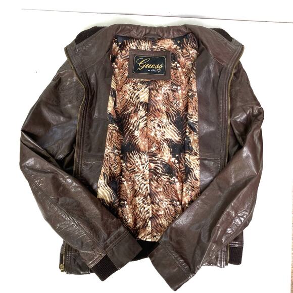 Guess Y2K Chocolate Brown Leather Jacket | Heart Zip Tiger Satin Lining Bomber - Picture 7 of 16